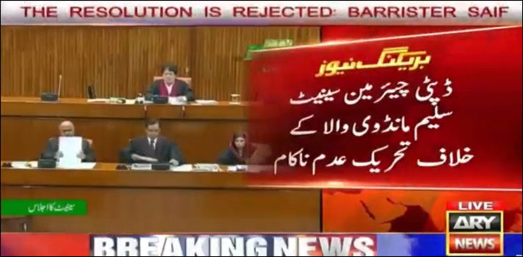 ڈپٹی چیئرمین سینیٹ سلیم مانڈوی والا کے خلاف تحریک عدم اعتماد بھی ناکام 