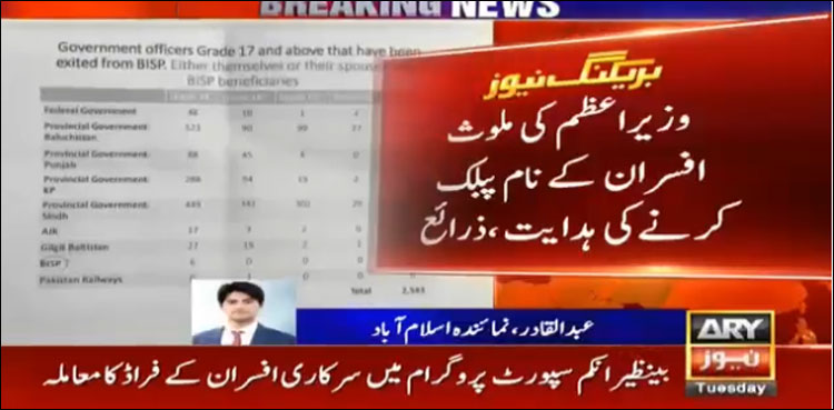 وزیراعظم کی بینظیرانکم سپورٹ پروگرام سے رقم لینے والے سرکاری افسران کے نام سامنے لانے کی ہدایت