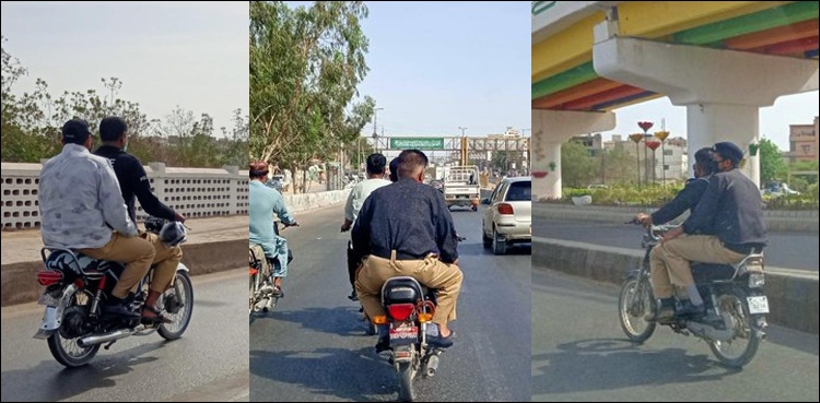 کراچی ڈبل سواری پر پابندی، محافظوں نے قانون کو پیروں تلے روند دیا، شہریوں‌ کے چالان