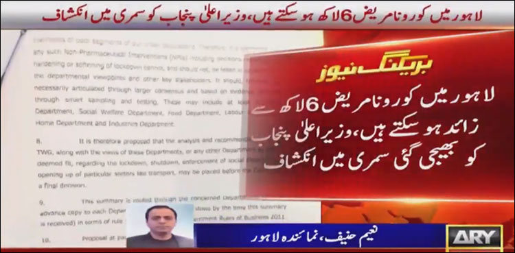 لاہور میں  6 لاکھ سے زائد کورونا کے مریض ہوسکتے ہیں، سمری میں انکشاف