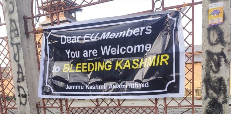 لہو لہو کشمیر میں خوش آمدید: سفارت کاروں کے دورے کے موقع پر مقبوضہ کشمیر میں بینرز آویزاں