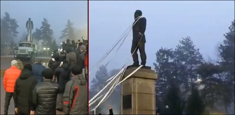 قازقستان: مظاہرین نے فوجی ٹرک کی مدد سے نذر بائیف کا مجسمہ گرا دیا (ویڈیو)