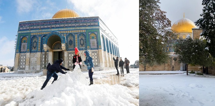 فلسطین میں برفباری، جنگی ماحول سے خوفزدہ بچے خوشی سے نہال
