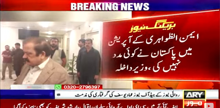ایمن الظواہری کے آپریشن میں پاکستان نے کوئی مدد نہیں کی، وزیر داخلہ رانا ثنا اللہ