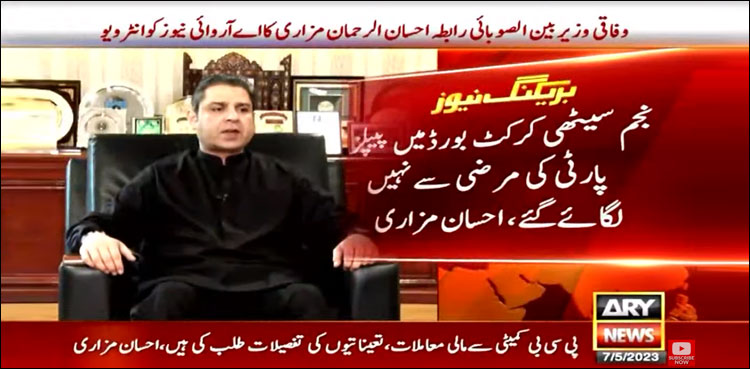 نجم سیٹھی کرکٹ بورڈ میں پیپلز پارٹی کی مرضی سے نہیں لگائے گئے: احسان الرحمان مزاری