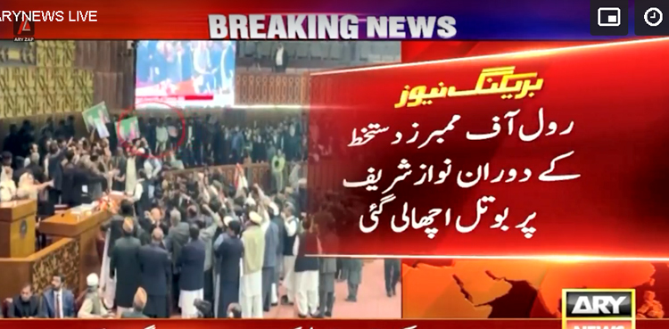 قومی اسمبلی کا افتتاحی اجلاس:  نواز شریف پر بوتل پھینک دی گئی