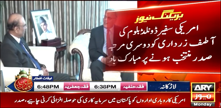 آصف زرداری سے امریکی سفیر کی ملاقات، دوسری مرتبہ عہدہ سنبھالنے پر مبارک باد دی