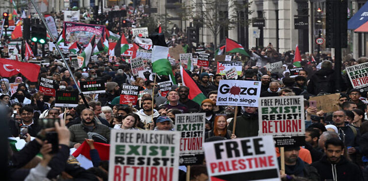لندن میں لاکھوں شہری فلسطین کی آزادی کیلئے سڑکوں پر نکل آئے