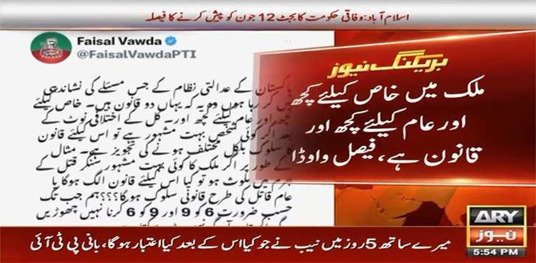 اگر مشہور گلوکار قتل کے جرم میں ملوث ہو تو کیا اس کیلیے قانون الگ ہوگا؟ فیصل واوڈا