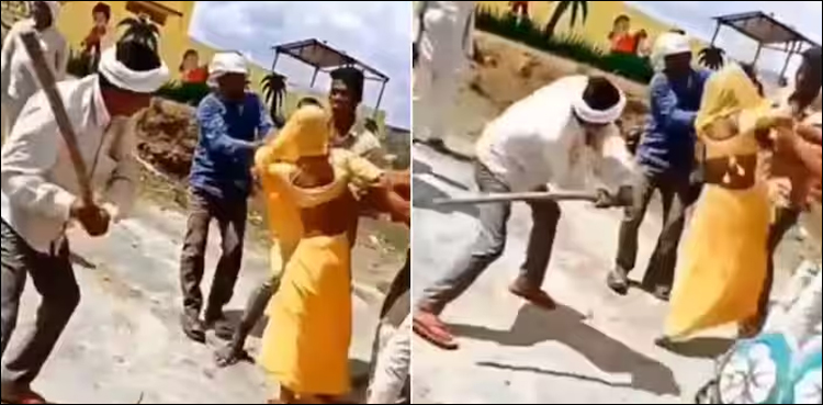 افسوسناک واقعہ، ساڑھی پہنے خاتون کو سر عام لاٹھی سے پیٹنے کی ویڈیو وائرل