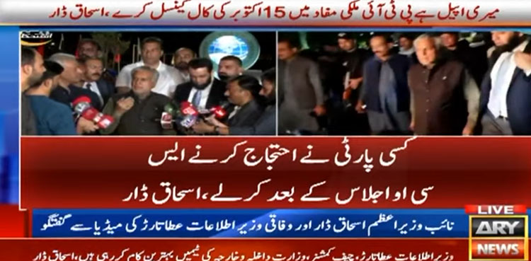 اپیل ہے پی ٹی آئی ملک کے مفاد میں 15 اکتوبر کی کال کینسل کرے، اسحاق ڈار