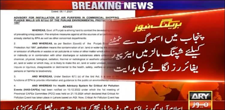 اسموگ: شاپنگ مالز اور کمرشل پلازوں کو ایئر پیوریفائر لگانے کی ہدایت جاری